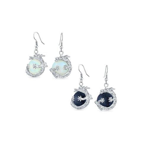 Set aus zwei metallischen Kristall-Himmelsblau-Goldfluss-Regenbogen-Opalit-Rundkugel-Ohrringen mit hängenden, gewickelten Kugeln und chinesischem asiatischem Drachen für Frauen Teenager von Bling Jewelry