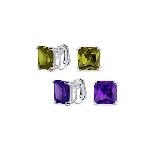 Set aus zwei traditionellen klassischen großen Statement 5CT quadratischen Prinzessschliff Cubic Zirkonia Lila Olivgrün AAA CZ Solitaire Clip-On Ohrstecker für Frauen versilbert nicht durchstochen Set aus zwei traditionellen klassischen großen Statement 5CT quadratischen Prinzessschliff Cubic Zirkonia Lila Olivgrün AAA CZ Solitaire Clip-On Ohrstecker für Frauen versilbert nicht durchstochen von Bling Jewelry
