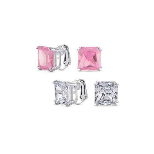 Set aus zwei traditionellen klassischen großen Statement 5CT quadratischen Prinzessschliff Kubikzirkonia rosa klar weiß AAA CZ Solitär Clip-On Ohrstecker für Frauen versilbert nicht durchstochen 12MM Set aus zwei traditionellen klassischen großen Statement 5CT quadratischen Prinzessschliff Kubikzirkonia rosa klar weiß AAA CZ Solitär Clip-On Ohrstecker für Frauen versilbert nicht durchstochen 12MM von Bling Jewelry