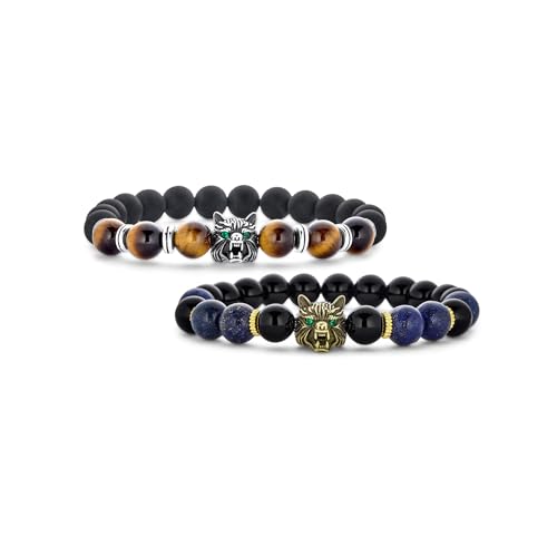 Set aus zwei Unisex-Dschungeltier-Armbändern mit runden Perlen aus Gunmetal-Schwarz-Onyx, blauem Lapislazuli und braunem Tigerauge, dehnbar, Fuchs-Wolf-Armband für Männer und Frauen, versilbert, von Bling Jewelry