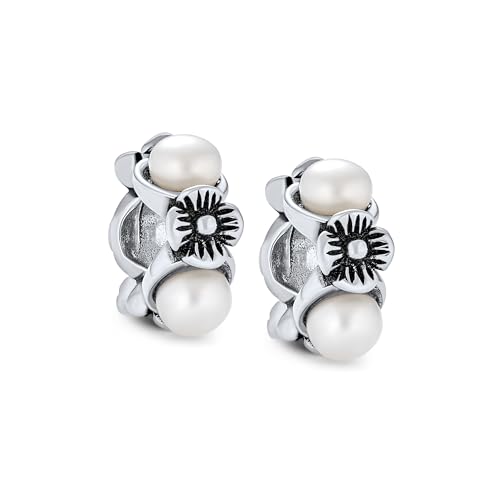 Set aus zwei weißen simulierten Perlenblumen dünnen Abstandshalter-Perlen-Charme für Frauen Teen .925 Sterlingsilber passt europäisches Armband von Bling Jewelry