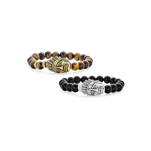 Set aus zwei Western Warrior amerikanischen Ureinwohnern Gunmetal Black Onyx & Brown Tiger Eye runden Perlenstrang Stretch Indianerhäuptling Kopf Armband für Männer Frauen Silber Gold plattiert von Bling Jewelry