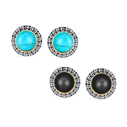 Set Von 2 Bali Stil Zweifarbig Schwarz Simulierter Onyx Blau Simulierter Türkis Dome Clip On Ohrringe Für Frauen Nicht Durchstochenes Ohr Silber Gold Plattiert von Bling Jewelry