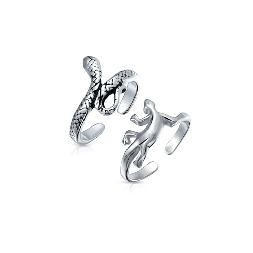 Set aus zwei Gartenreptilien Schlangen- und Gecko-Eidechsen-Form Bypass Midi Zehenring für Frauen für Teenager oxidiertes .925 Silber Sterling verstellbar von Bling Jewelry
