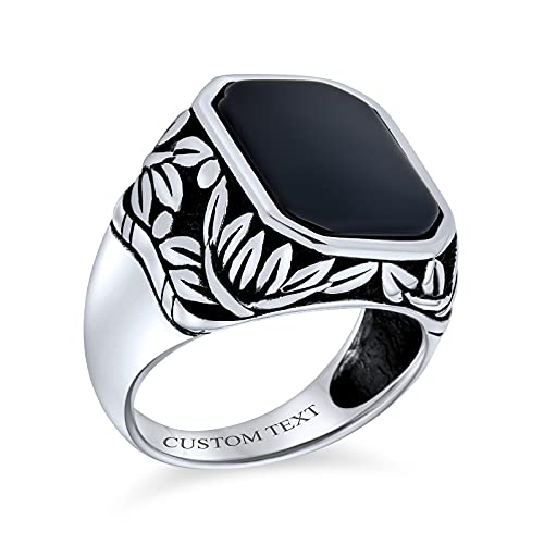 Sie Retro Vintage Stil Elegante Blatt Ranken Akzent Schwarz Onyx Edelstein Achteck Rechteck Siegel Ring Western Schmuck Männer Schwer .925 Sterling Silber Handgefertigt In Der Türkei Brauch Graviert von Bling Jewelry