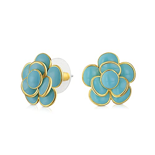 Simulierte türkisfarbene Emaille-Knopf-Stil 3D-Rosenblume Frühlings-Retro-Ohrstecker für Frauen mit durchstochenen Ohren 14K vergoldetes Messing von Bling Jewelry