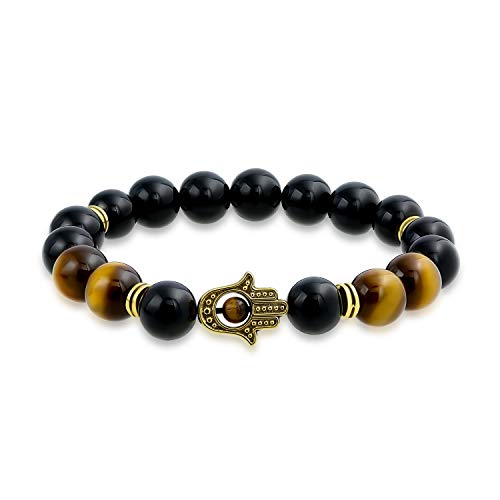 Bling Jewelry Stapelbares Armband Aus Braunem Tigerauge, Schwarzem Onyx Und Runden Perlen Mit Hamsa-Hand-Motiv, Dehnbar, Für Frauen, Männer Und Jugendliche, Vergoldetes Metall von Bling Jewelry