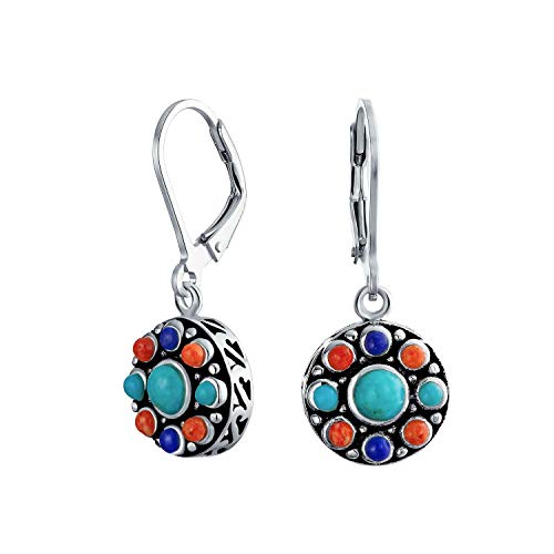 Südwestlicher Stil Multi-Stein Lapis Türkis Orange Koralle Medaillon Ohrhänger für Frauen Oxidiertes .925 Sterlingsilber Klappverschluss. von Bling Jewelry
