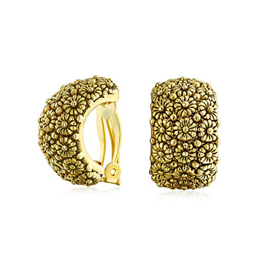 Mode Geschnitzte Sonnenblume Blume Breite Halbkreolen Clip On Ohrringe Für Frauen Nicht Durchbohrte Ohren Oxidiertes Goldton Plattiert von Bling Jewelry