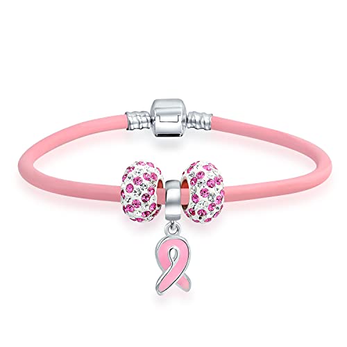 Bling Jewelry Support Breast Cancer Survivor Kristall Rosa Ribbon Multi European Bead Charms Genuine Rosa Leather Bracelet For Frauen .925 Sterlingsilber Barrel Clasp 8 Inch von Bling Jewelry