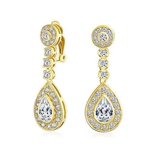 Träne Halo Cubic Zirconia Pave Cz Baumelnd Abschlussball Erklärung Clip On Baumelnd Ohrringe Für Frauen 14K Gold Plattiert Messing von Bling Jewelry