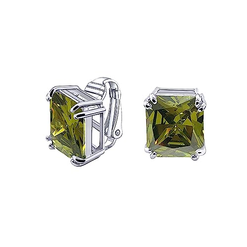 Traditionelle Klassische Große Statement Smaragdschliff Simulierte Olivgrüne Peridot AAA CZ Solitär Clip On Ohrstecker Für Frauen Versilbert Nicht Durchstochen 14MM von Bling Jewelry