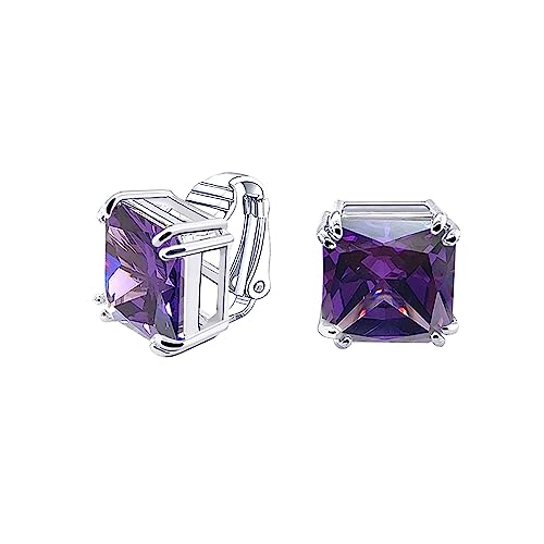 Traditionelle Klassische Große Statement Quadrat Prinzessschliff Simulierte Lila Amethyst AAA CZ Solitär Clip On Ohrstecker Für Frauen Versilbert Nicht Durchstochen 12MM von Bling Jewelry