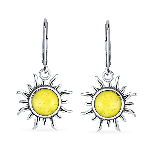 Tropical Honeymoon Strand Sun Rise Echt Lemon Yellow Amber Round Sunburst Baumelnd Drop Earrings For Freundin Lever Back Oxidized .925 Sterling Silver von Bling Jewelry