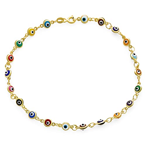 Bling Jewelry Schutz Amulett Türkischen Multi Color Charm Slender Böse Augen Fußkettchen Link Fußkettchen Armband Für Frauen Teen 14K Gelbgold Vergoldet .925 Sterlingsilber 10 Inch von Bling Jewelry