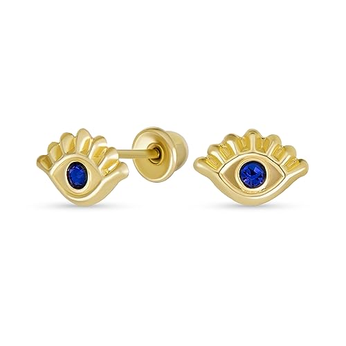 Unisex Echtes Winziges Gelb 14K Gold Spirituelles Blau CZ Wimpernschutz Amulett Böser Blick Ohrstecker Ohrringe Ohrläppchen Knorpel Für Frauen Jugendlich von Bling Jewelry