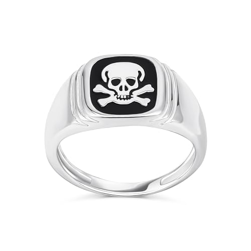 Unisex Eleganter Statement Klassischer Flacher Ring Mit Schwarzen Onyx Edelsteinen Und Totenkopf Kreuzknochen Für Frauen Und Männer Aus .925 Sterling Silber von Bling Jewelry