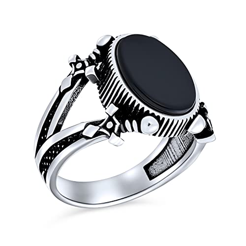 Unisex Vintage Stil Urban Bikerin Schmuck Große Aussage Oval Flach Semi Wertvoll Edelstein Schwarz Onyx Signet Double Sword Ring Für Männer Oxidiert .925 Sterling Silber Handgefertigt In Der Türkei von Bling Jewelry