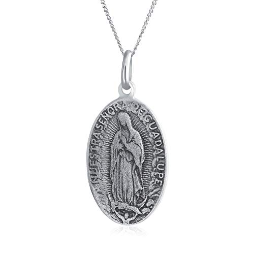 Bling Jewelry Religion Unsere Liebe Frau von Guadalupe Oval Jungfrau Maria Medaille Medaillon Anhänger Halskette für Frauen oxidiertes .925 Sterlingsilber von Bling Jewelry