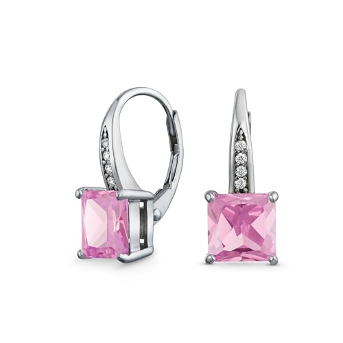 Urlaubs-Brautimitat Rosa Turmalin 2CT Solitär Cubic Zirkonia Brillant Prinzessinenschliff Quadrat Pave AAA CZ Tropfen-Ohrhänger Mit Hebelverschluss Für Frauen Hochzeit .925 Sterling Silber von Bling Jewelry