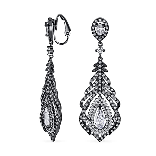 Vintage Bräutigam Art Deco Stil Cubic Zirkonia Halo Blatt Träne Lange Aussage Cz Kronleuchter Baumeln Clip Auf Ohrringe Für Frauen Abschlussball Schwarz Plattiert Messing von Bling Jewelry