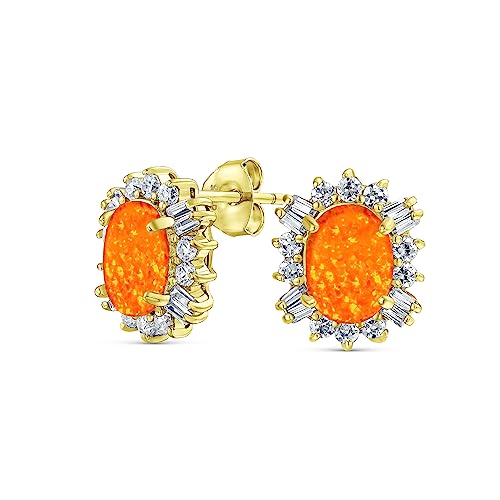 Vintage Stil Nachlass Schmuck Oval Erstellt Orange Feuer Opal Krone Halo CZ Ohrstecker-Ohrringe Für Frauen 14K Gelbgold Vergoldet .925 Sterlingsilber 12Mm Oktober Geburtsstein von Bling Jewelry