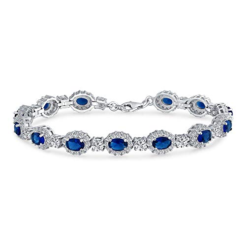Bling Jewelry Braut Cocktail Party Vintage Stil Statement Halo Oval AAA CZ Simuliertes Blaues Saphir Armband Für Damen Abschlussball Hochzeiten .925 Sterlingsilber Rhodium 7,5 Zoll von Bling Jewelry