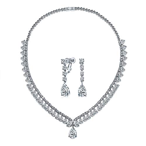 Bling Jewelry Vintage Stil Mode Braut AAA CZ Solitär Tropfen Multi Teardrop Statement Kragen Tennis Halskette Kronleuchter Ohrhänger Clip auf Schmuck Set Für Frauen Hochzeit Prom Festzug Versilbert von Bling Jewelry