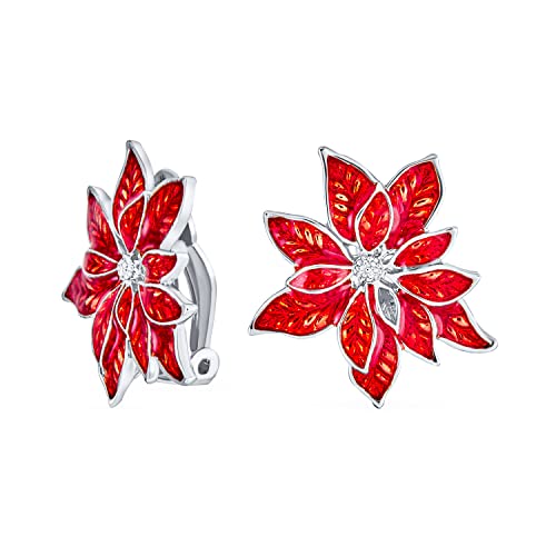 Weihnachtsfeier Rote Emaille Statement Blumenform Poinsettia Clip-On Ohrringe Für Frauen Mit Nicht Durchbohrten Ohren - Silberbeschichteter Rand von Bling Jewelry