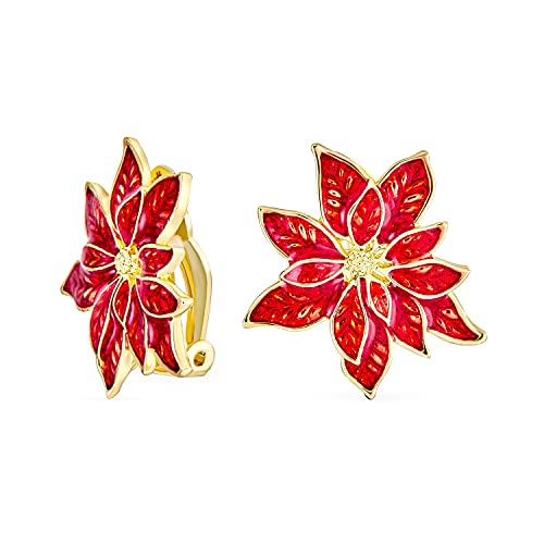 Weihnachtsfeier Rote Emaille Statement Blumenform Poinsettia Clip-On-Ohrringe Für Frauen Ohne Gestochene Ohren - 14K Vergoldet von Bling Jewelry