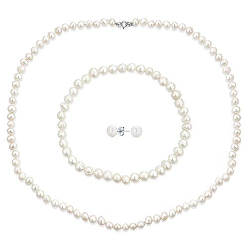 Weiße Handgeknüpfte Süßwasser-Zuchtperlen-Strang-Halskette 18" Stretch-Armband Kugel-Ohrringe 6Mm 3Pcs-Schmuck-Set Für Frauen von Bling Jewelry