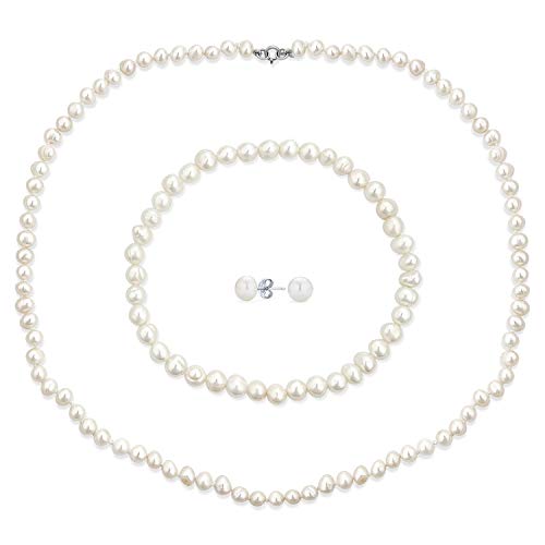 Weiße Handgeknüpfte Süßwasser-Zuchtperlen-Strang-Halskette 18" Stretch-Armband Kugel-Ohrringe 6Mm 3Pcs-Schmuck-Set Für Frauen von Bling Jewelry