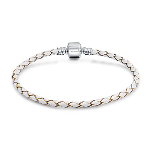 Bling Jewelry Weißes Geflecht Aus Echtem Leder Charm Für Europäische Armbänder Für Frauen .925 Sterlingsilber Barrel Clasp von Bling Jewelry