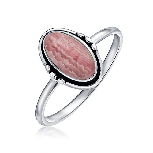 Bling Jewelry Westlicher Boho Zarter Lünette Ovaler Cabochon Edelstein Rose Pink Rhodochrosit Ring für Frauen Teen 1MM Dünnes Band Oxidiertes .925 Sterlingsilber von Bling Jewelry