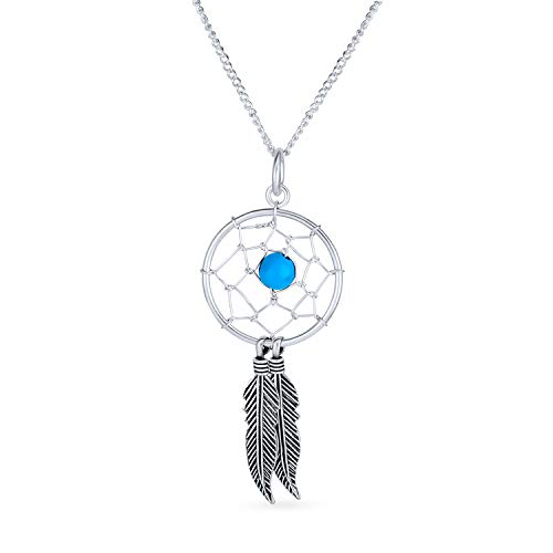 Bling Jewelry Western Boho Türkis Akzent Native American Indian Federn Blatt Dream Catcher Anhänger Halskette Für Frauen Teenager Oxidiert .925 Sterlingsilber von Bling Jewelry