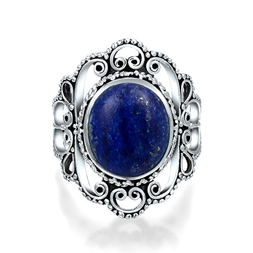 Western-Schmuck Boho Bali Vintage-Stil Große Edelstein Filigran Oval Cabochon Armor Full Finger Erklärung Mondstein Blau Lapis Ring Für Frauen Oxidiert .925 Sterling Silber von Bling Jewelry