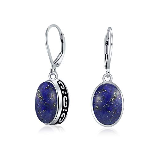 Western Stil 3Ct Oval Dome Blue Lapis Lazuli Edelstein Lünette Drop Baumelnd Lever Back Ohrringe Für Frauen .925 Sterling Silber von Bling Jewelry