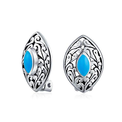Westlicher Stil Filigrane Marquise Form Stabilisiert Blau Türkis Clip On Ohrringe Nicht durchbohrte Ohren .925 Sterling Silber von Bling Jewelry