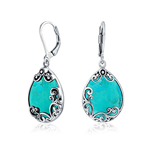 Western Stil Träne Scroll Filigree Scroll Stabilized Turquoise Lever Back Baumelnd Earrings For Freundin .925 Sterling Silver von Bling Jewelry