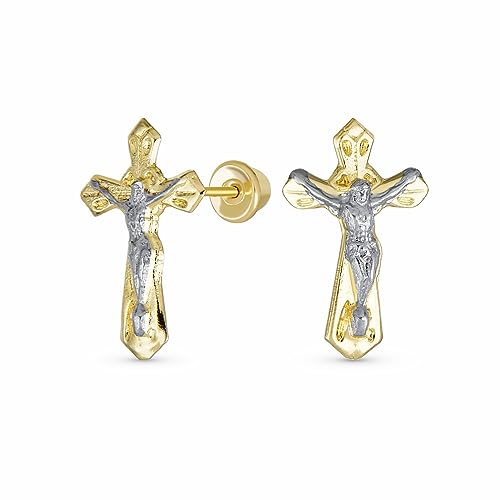 Winzige Minimalistische Christliche Religiöse Jesus Gold Kruzifix Kreuz Echte Zwei Ton Gelb 14K Gold Ohrstecker Für Frauen Teenager Sicherheit Zurückschrauben von Bling Jewelry