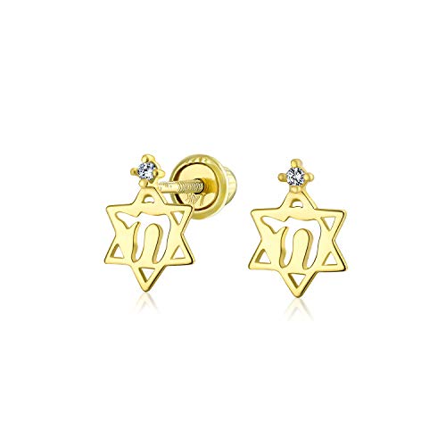 Winzige Petite Judaic Jewelry Cz Accent Real 14K Gelbgold Hebrew Chai Life Star Of David Jüdischen Judaic Ohrstecker Für Frauen Teen For Bat Mitzvah Secure Screw Back von Bling Jewelry