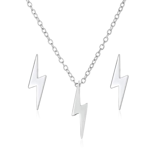 Winziges Schmuckset Minimalistisches Geometrisches Zick Zack Blitz Lichtschlag Anhänger Halskette Ohrstecker Für Frauen Teenager .925 Sterling Silber von Bling Jewelry