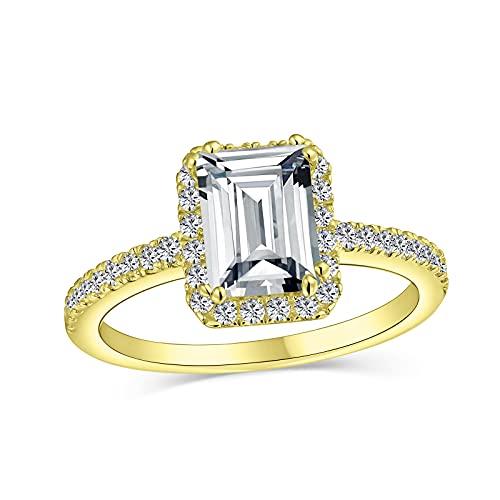 Zeitlos Klassisch Elegant 3Ct Halo Aaa Cz Art Deco Stil Klar Rechteck Smaragd Schliff Verlobungsring Für Frauen Kubische Zirkonia Pave Dünne 1 Mm Band .925 Sterlingsilber 14K Gelbgold Vergoldet von Bling Jewelry