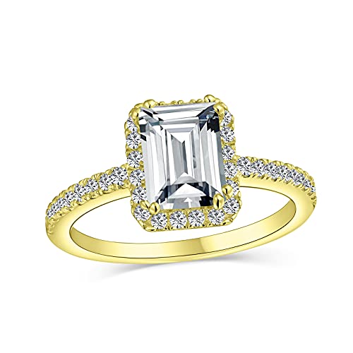 Zeitlos Klassisch Elegant 3CT Halo AAA CZ Art Deco Stil Klar Rechteck Smaragd Cut Verlobungsring Für Frauen Zirkonia Pflaster Dünn 1 MM Band .925 Sterling Silber 14k Gelbgold plattiert von Bling Jewelry