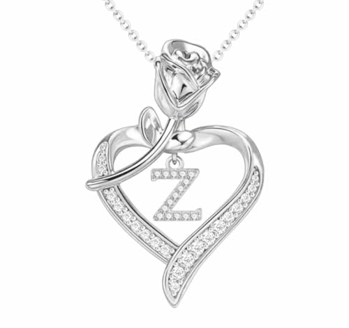 Bling Queen Damen-Halskette mit Anhänger Silber Initiale Zirkonia Blume Herz, One Size, Metall, Zirkonia von Bling Queen