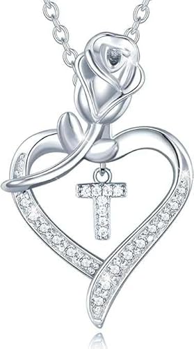 Bling Queen Damen-Halskette mit Anhänger Silber Initiale Zirkonia Blume Herz, One Size, Metall, Zirkonia von Bling Queen