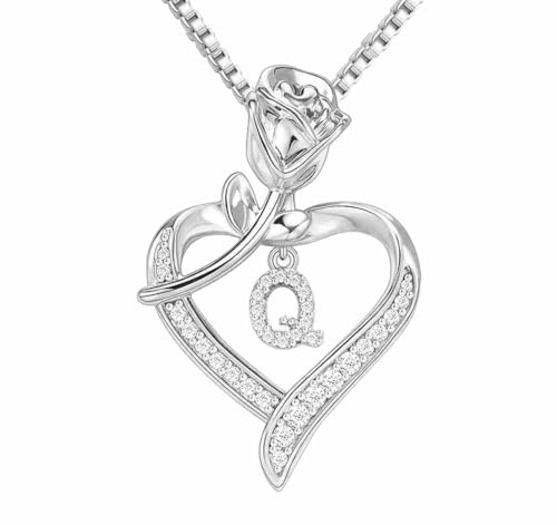 Bling Queen Damen-Halskette mit Anhänger Silber Initiale Zirkonia Blume Herz, One Size, Metall, Zirkonia von Bling Queen