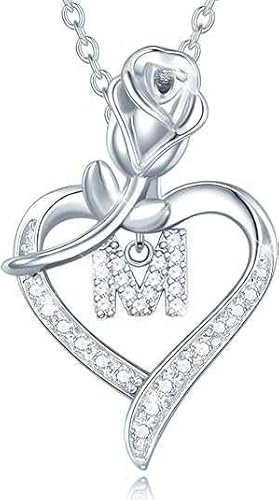 Bling Queen Damen-Halskette mit Anhänger Silber Initiale Zirkonia Blume Herz, One Size, Metall, Zirkonia von Bling Queen