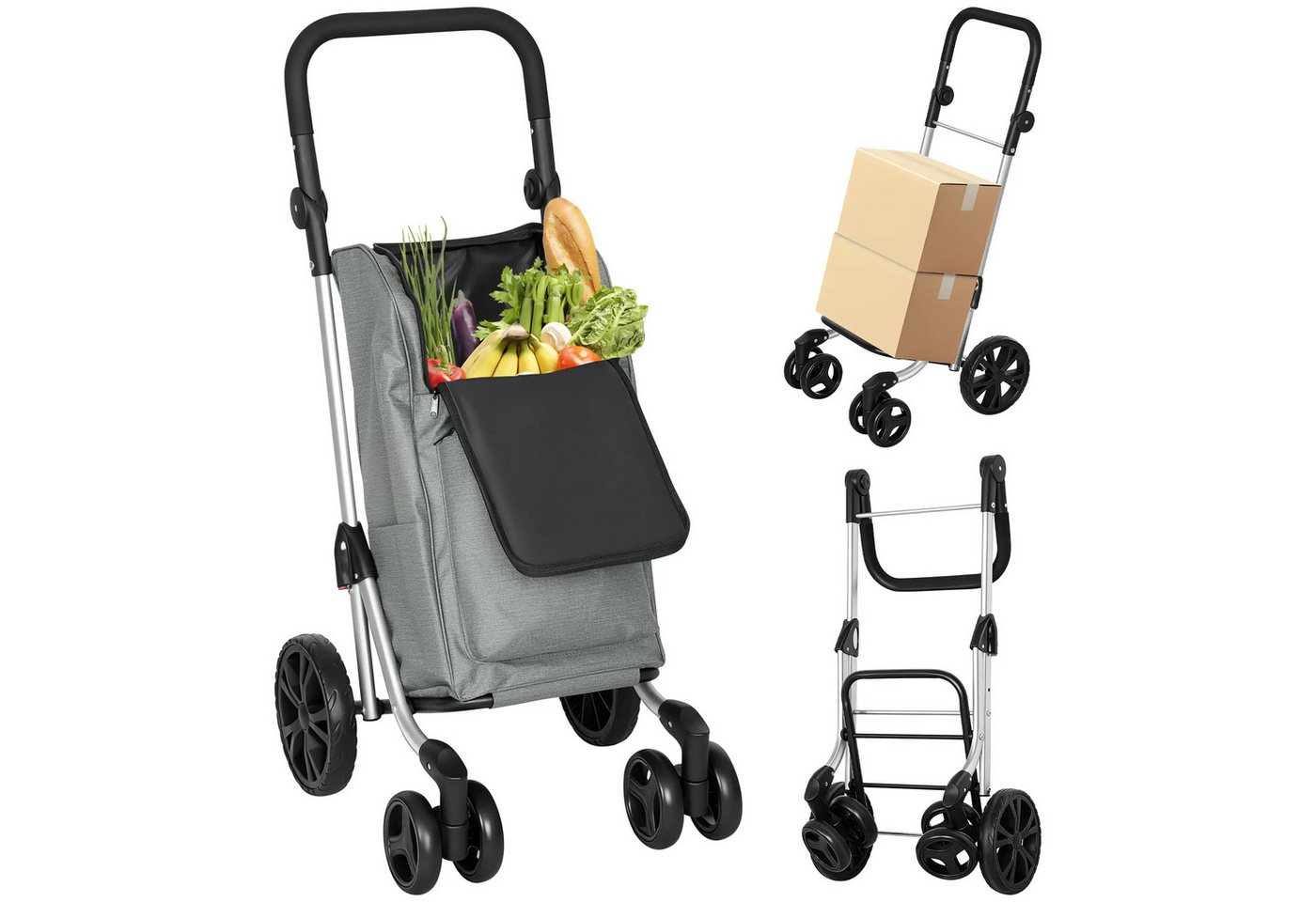 BlingBin Einkaufstrolley 3-in-1 Klappbar Einkaufswagen, Trolley Sackkarre & Umhängetasche, 46 l, Einkaufstrolley mit Kühlfach, Tragkraft bis 25KG, Aluminiumrahmen Grau von BlingBin