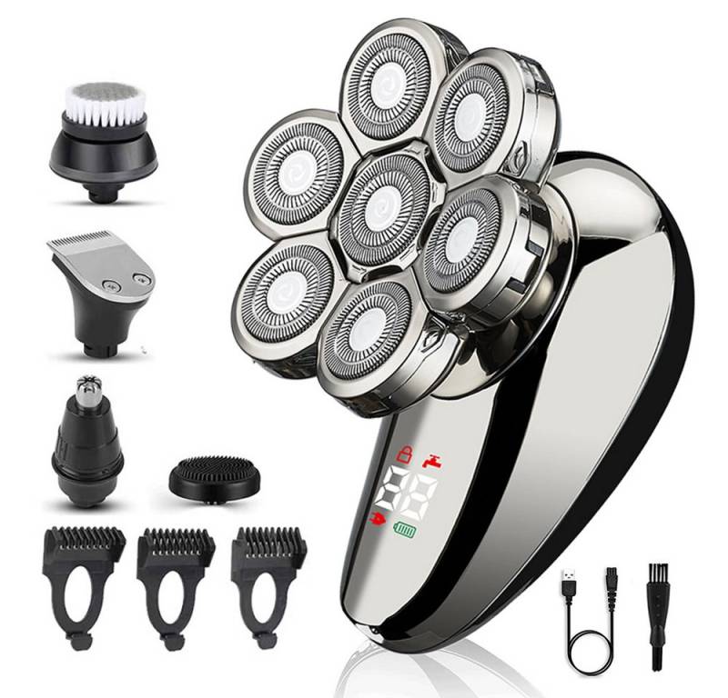 BlingBin Elektrorasierer 5 in 1 Rasierer Glatzenrasierer professioneller Herren-Haarschneider, EasyClean, Aufsätze: 3, Langhaartrimmer, 1 tlg, IPX7 Wasserdichter Elektrorasierer mit 7 rotierenden Köpfen und USB von BlingBin